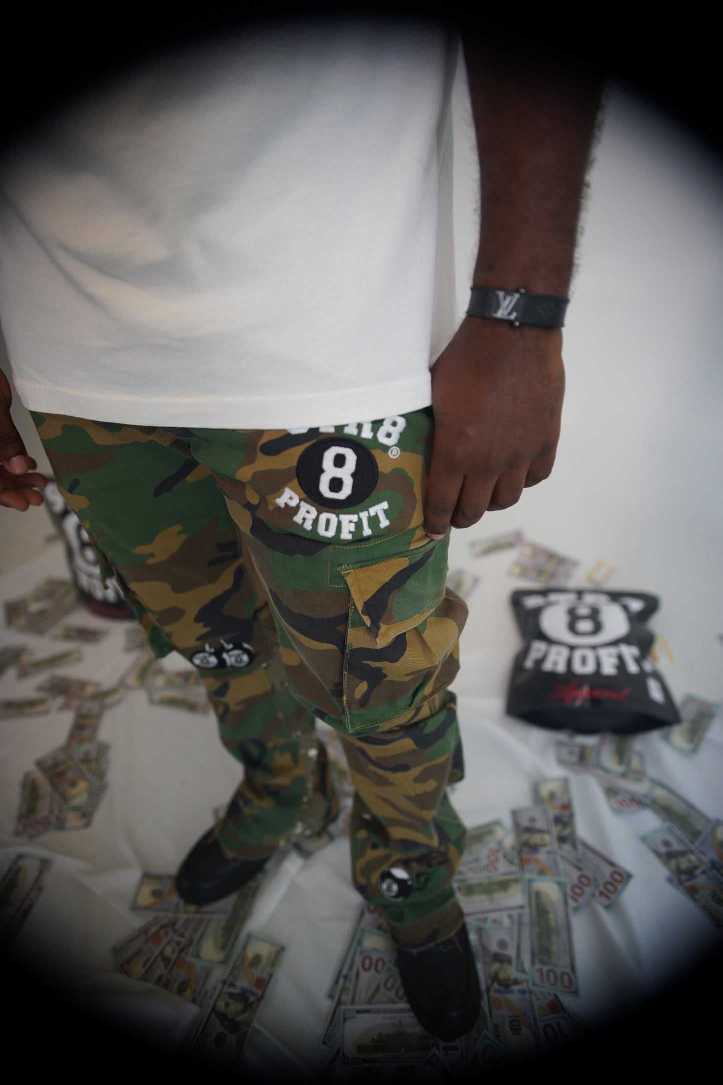 Faded Camo Split Stacked Embroidery Cargo Jeans