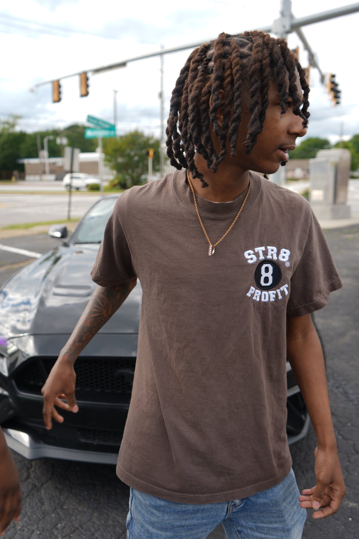 Vintage Style Fabric Embroidered Garment Dye Mocha Tee