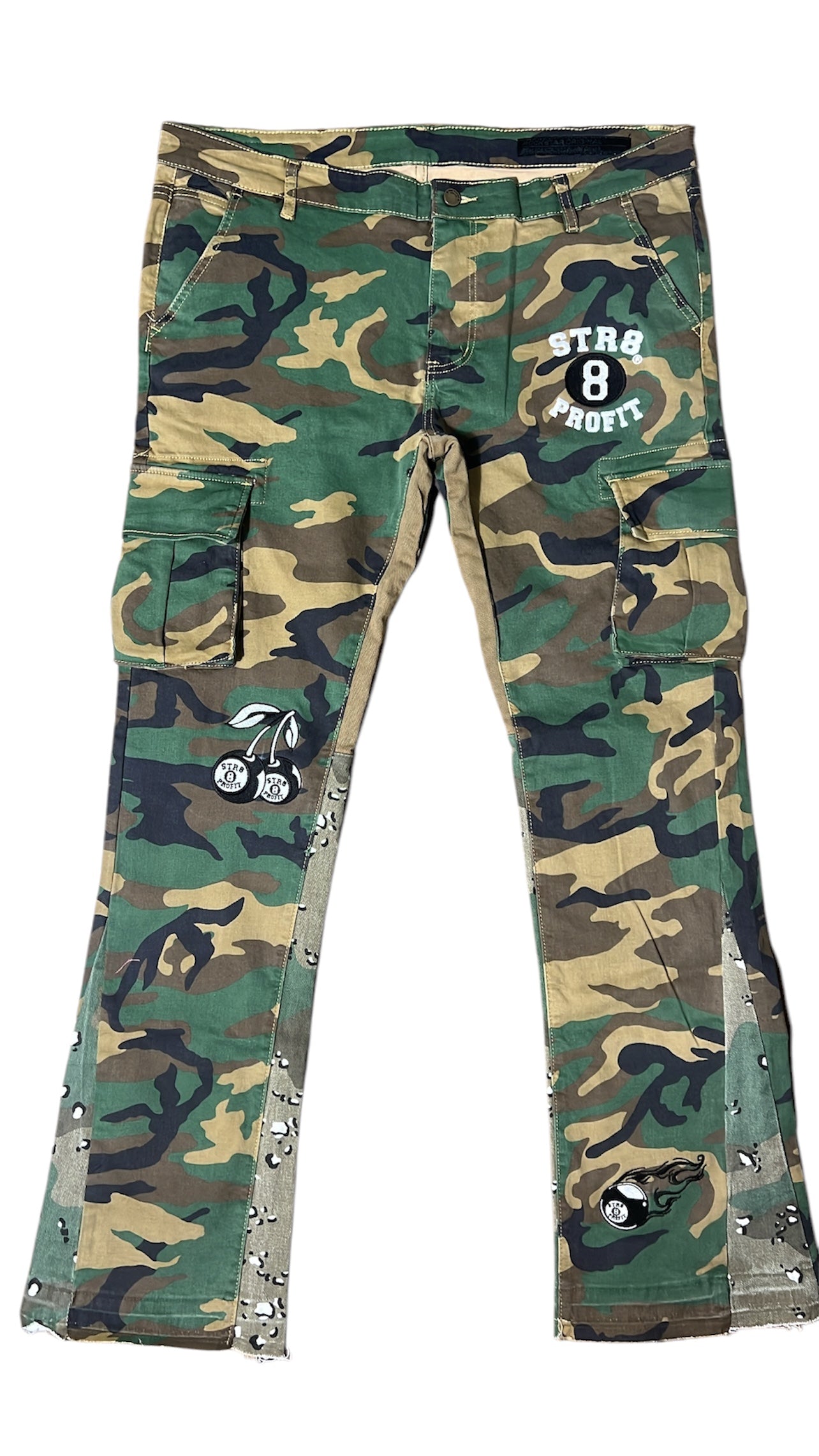 Faded Camo Split Stacked Embroidery Cargo Jeans