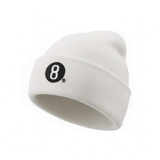 White Embroidered8Ball Beanie